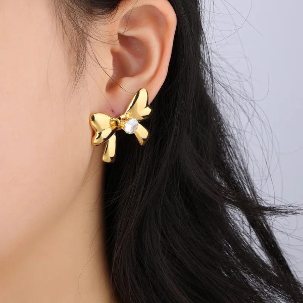 1-Pair-Cute-Bow-Knot-Plating-Inlay-304-Stainless-Steel-Zircon-18K-Gold-Plated-Ear-Studs